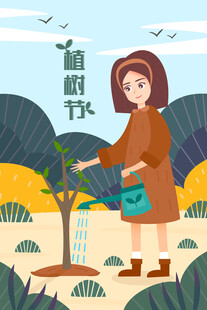 女孩植树节浇水植树场景
