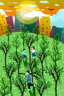 儿童在绿树间快乐嬉戏