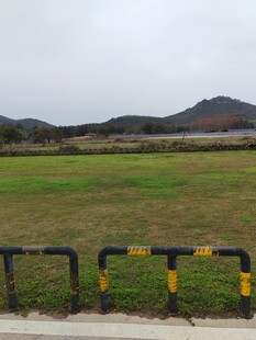 户外开阔草地与防护栏