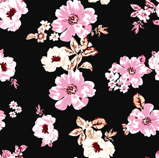 黑色底粉色花卉图案印花