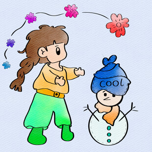 女孩欢快堆雪人