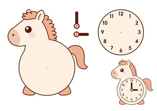 可爱小马与时钟卡通图案剪纸学习