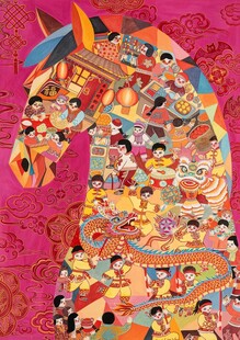 多彩拼贴风马头艺术画作