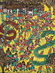 热闹舞龙场景民俗画作
