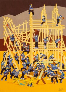 壮观多人攀爬木质结构场景