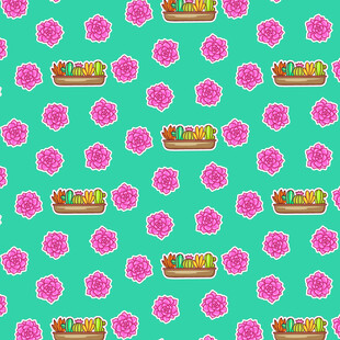 绿底粉花热狗图案设计