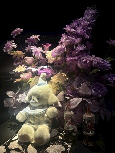 梦幻紫花下的毛绒玩具