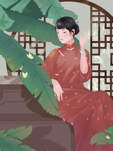 古典旗袍女子倚坐绿植旁