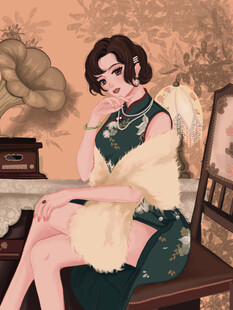 复古旗袍女子优雅坐姿