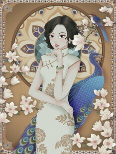 古典旗袍女子与孔雀插画