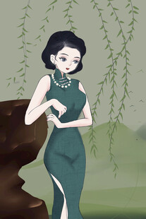 古典旗袍女子优雅立景中