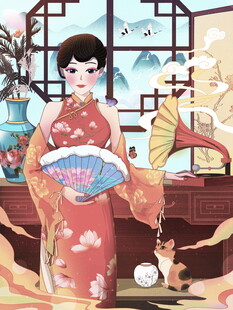 古典旗袍女子持扇赏景