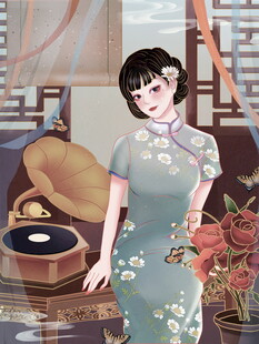 复古旗袍女子与留声机