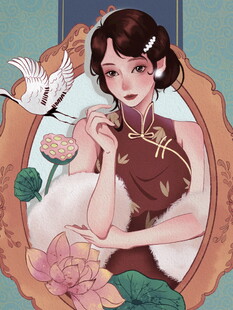 古风旗袍女子与飞鸟花卉