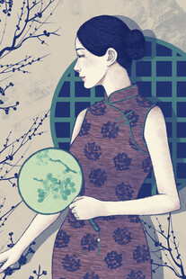 旗袍女子手持团扇赏景