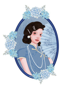 复古蓝调旗袍佳人插画