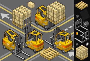 仓库中的黄色叉车与货物