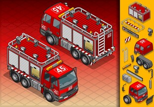 红色消防车模型及零件展示