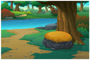 森林中的树桩与宁静小河