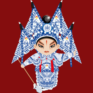 蓝白京剧武生卡通形象
