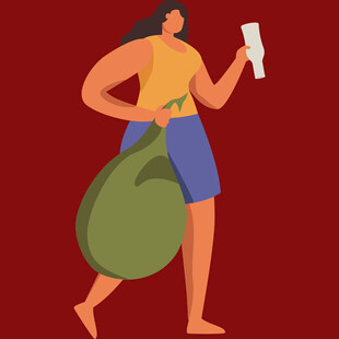 女子携袋持卷迈步前行