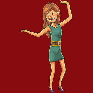 红衣背景下的欢快绿裙女子