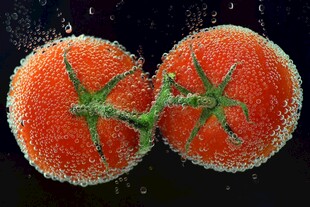 水中冒泡的新鲜西红柿