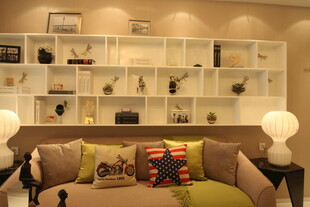 温馨客厅沙发与置物架布置