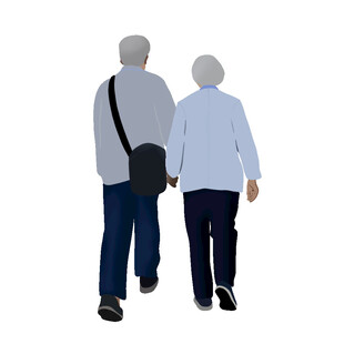 老夫妻携手漫步背影