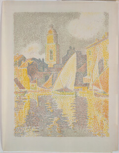 河畔城镇风景绘画作品