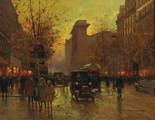 黄昏街头的马车与行人