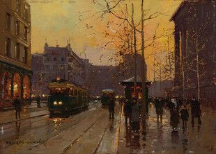 城市街道黄昏有轨电车景象