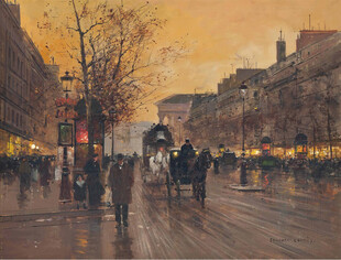 黄昏下的城市街道行人景