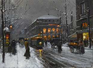 雪夜街头的有轨电车风景