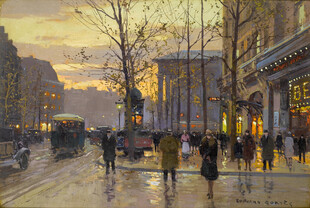 黄昏城市街道行人景象