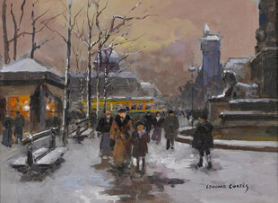 冬日街头行人雪景画面