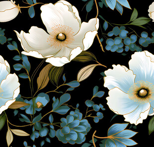 白色花卉与蓝色枝叶图案