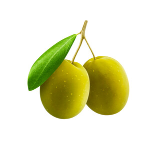 两颗鲜绿橄榄带叶悬挂
