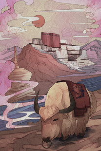 草原牦牛与远方建筑风景