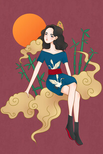 古风女子坐于祥云赏落日