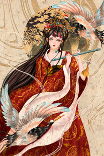 古风红衣持笛女子与飞鸟