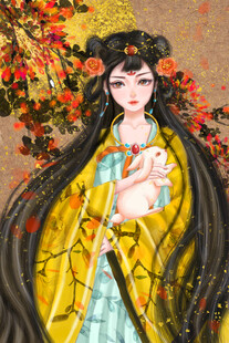 古风长发女子怀抱白兔