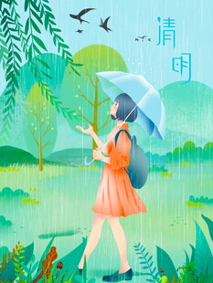 雨中漫步的清新少女