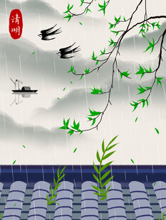 中式屋檐下的春景飞鸟图
