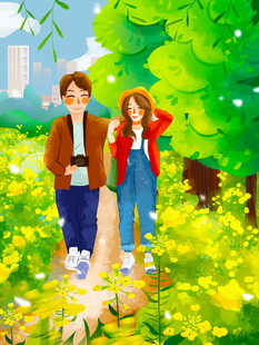 春日情侣漫步于花丛小径