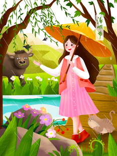 女孩与黑熊在自然中互动