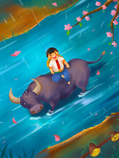 小孩骑牛在水中悠然前行