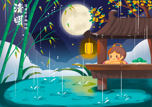 月夜小船中的沉思女孩