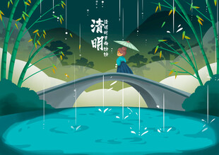 雨中撑伞过桥的诗意画面