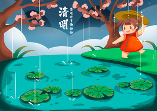 女孩赏雨景于荷塘畔